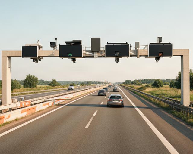 Mautbrücke der Autobahn BAB 7 bei Tageslicht mit Kameras und Fahrspuren
